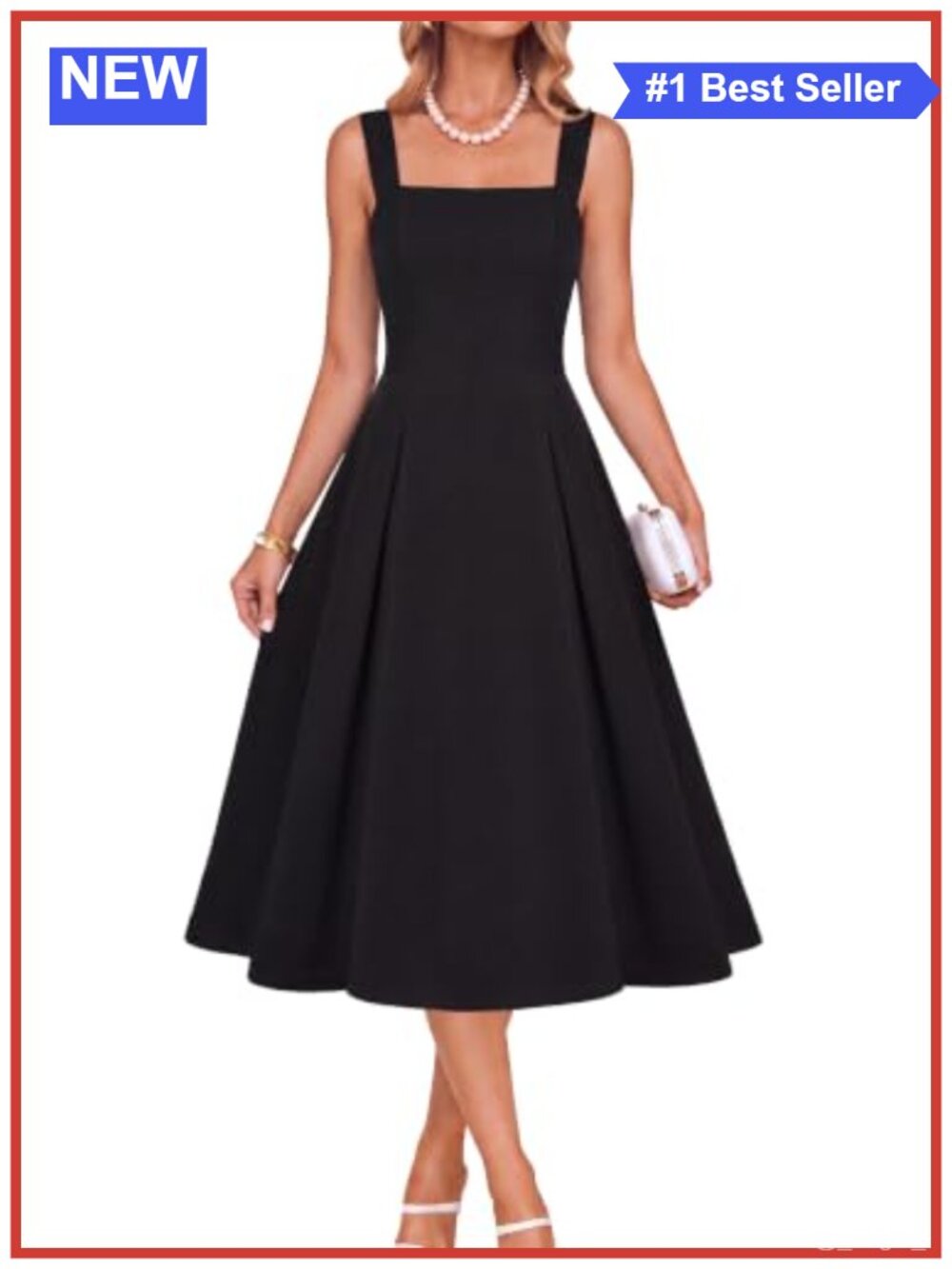 Square Neck Midi Dress Fit & Flare Adjustable Straps Pockets Wedding Guest